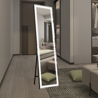 SUMERAIN helkroppsspeil med LED-lys, opplyst gulvspeil med dimming og 3 fargebelysning, stativ for soverom, garderobe, svart ramme, splintfritt herdet glass, 60"x16"