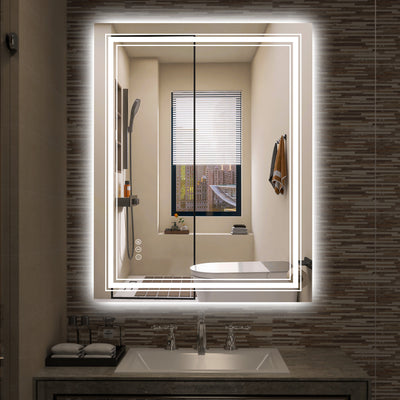Sumerain 28 x 36 tommer LED baderomsspeil med lys, smart anti-dugg dimbar baderoms sminkespeil med frontlys og baklys, 3 fargetemperaturer, minnefunksjon