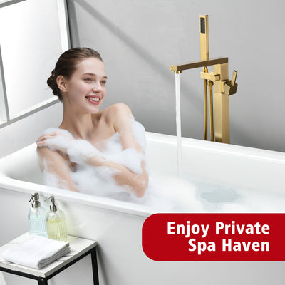 SUMERAIN Freestanding Bathtub Faucet with Hand Shower, Solid Brass Single Handle Floor Mount Tub Filler Brushed Gold Finish, High Flow