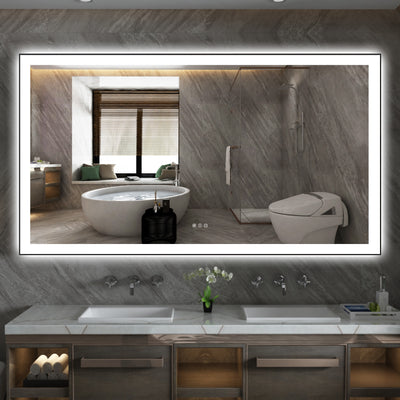 Sumerain 72 x 40 tommer LED baderomsspeil med lys, svart aluminiumsramme front- og bakbelyst stort veggspeil, duggfritt, trinnløs dimbar 3 fargebelysning, minnefunksjon, herdet glass
