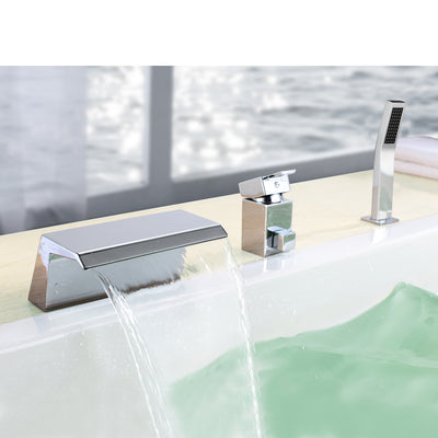 Sumerain vannfall dekkmontert romersk badekarkran med hånddusj, ettgreps høy gjennomstrømning med messing grovmonteringsventil, krom