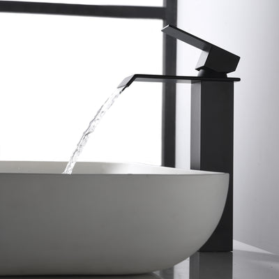 Enkeltgrep fossefall matt svart baderomsarmatur, enkelt hull moderne design servantarmatur