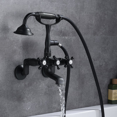 Veggmontert klofot badekararmatur med matt svart finish, bred justerbar hullavstand